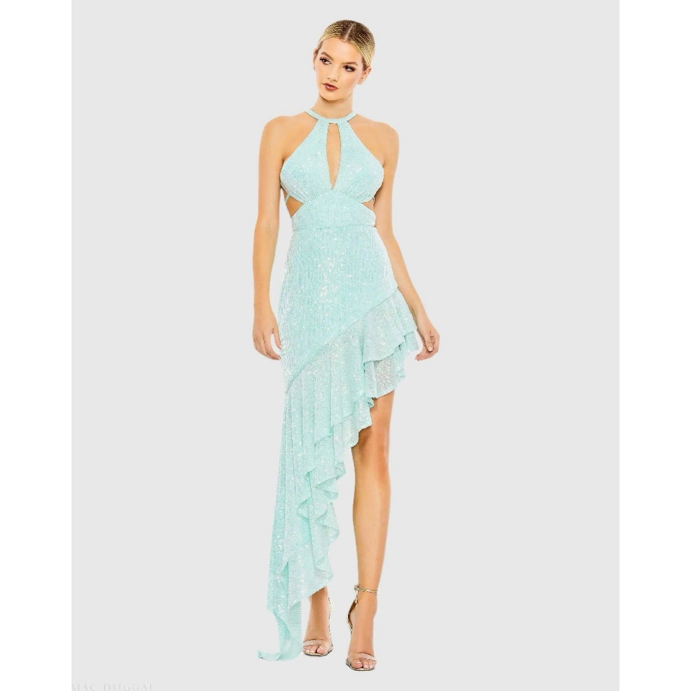 Mac Duggal A11274 Aqua Sequined Halter Cut Out Ruffle Asymmetrical Dress Size 4